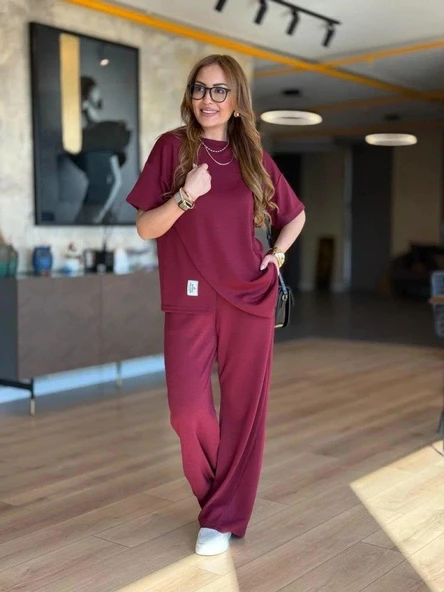 Kadın Kısa Kollu Bisiklet Yaka Asimetrik Viskon Iki Iplik Bluz Ve Pantolon Ikili Takım - Resim 4