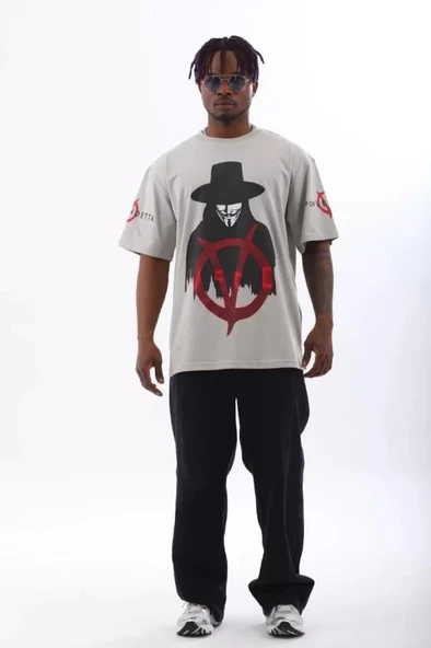 Unisex Oversize Baskılı Bisiklet Yaka T-Shirt - Gri ürün görseli