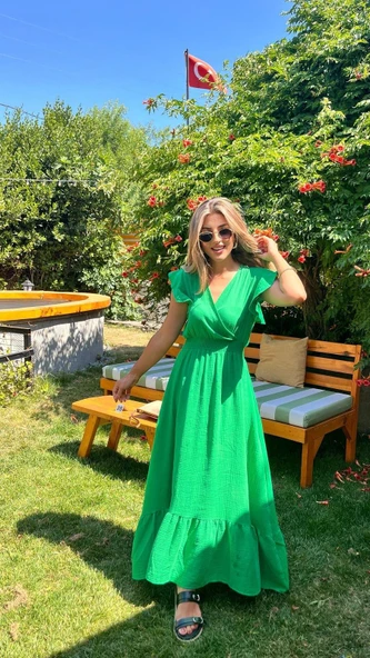 Kadın Kısa Kollu Kruvaze Yakalı Beli Lastikli Müslim Elbise - Resim 2