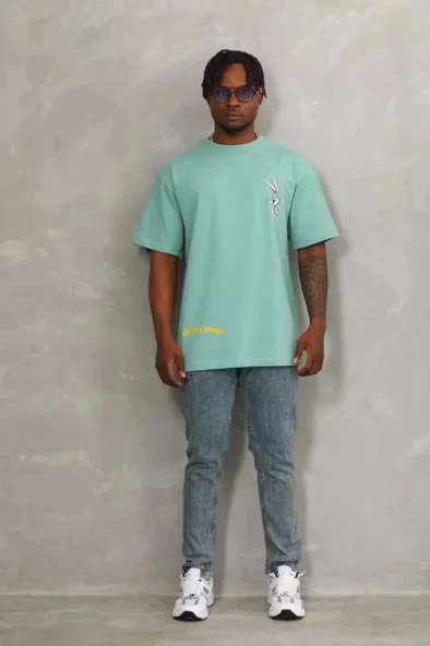 Unisex Oversize Baskılı Bisiklet Yaka T-Shirt - Mint Yeşili - Resim 4