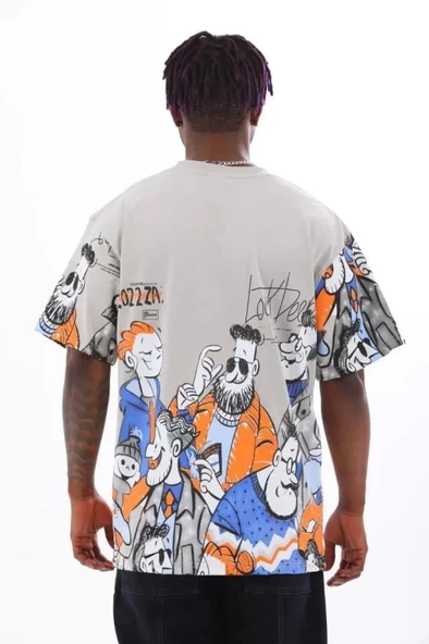 Unisex Oversize Baskılı Bisiklet Yaka T-Shirt - Gri - Resim 2