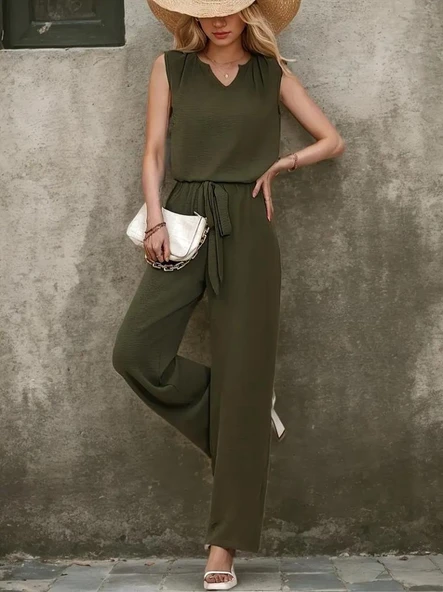 Kadın Kolsuz V Yakalı Aerobin Bluz Ve Belden Kuşaklı Pantolon Ikili Takım ürün görseli