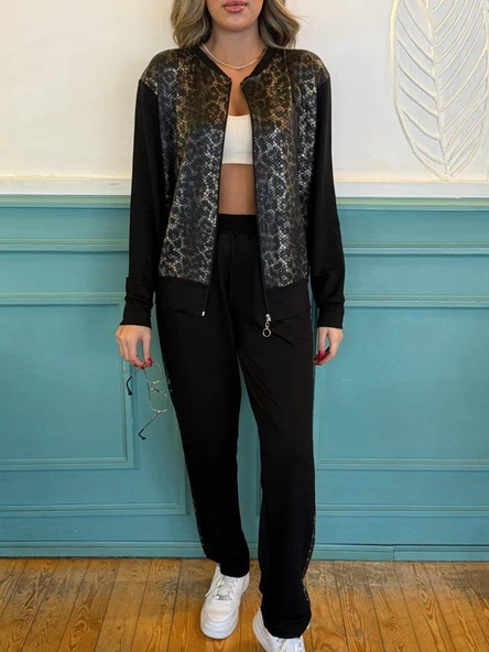 Kadın İki İplik Kumaş Yılan Desenli Fermuarlı İkili Takım - Resim 5