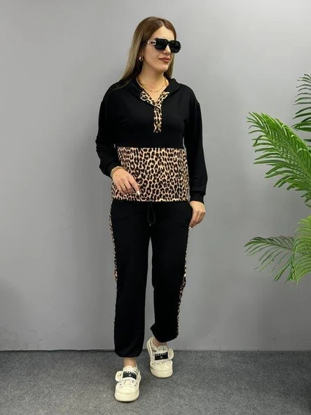 Kadın Uzun Kollu Leopar Detay Sweat Ve Yanı Leopar şerit Detay Pantolon Ikili Takım - Resim 9