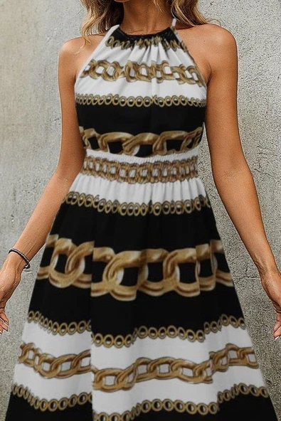 Kadın Kolsuz Boyundan Bağlamalı Beli Lastikli Dijital Baskı Süprem Uzun Elbise - Resim 2