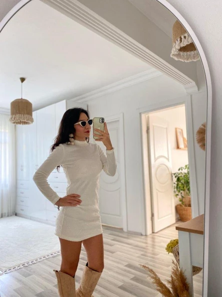 Kadın Uzun Kollu Peluş Mini Boy Elbise - Resim 6