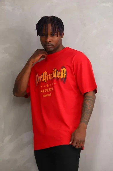 Unisex Baskılı Oversize T-Shirt - Kırmızı ürün görseli