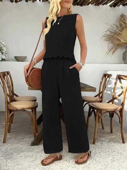 Kadın Sıfır Kollu Bisiklet Yaka Arkadan Bağlamalı Aer8bin Bluz Ve Pantolon Ikili Takım - Resim 2