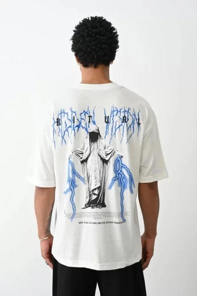 Unisex Baskılı Oversize T-Shirt - Beyaz ürün görseli