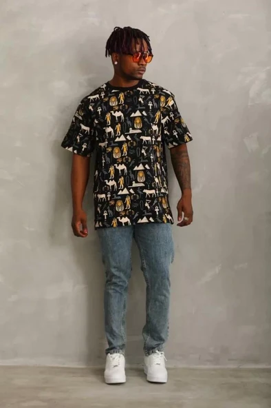 Unisex Oversize Baskılı Bisiklet Yaka T-Shirt - Siyah - Resim 3