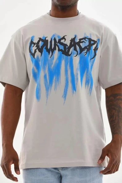 Unisex Baskılı Oversize T-Shirt - Gri ürün görseli