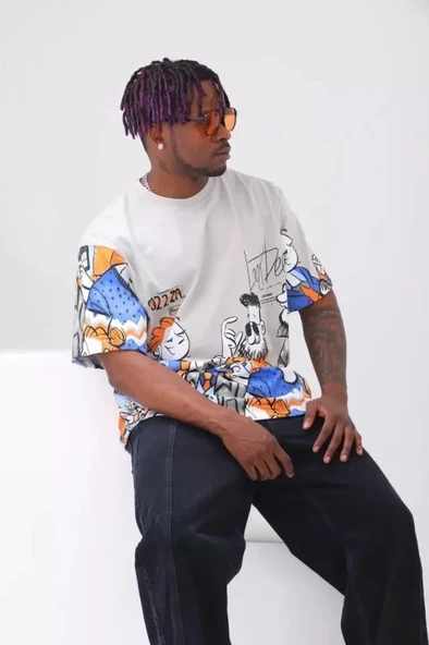 Unisex Oversize Baskılı Bisiklet Yaka T-Shirt - Gri - Resim 4