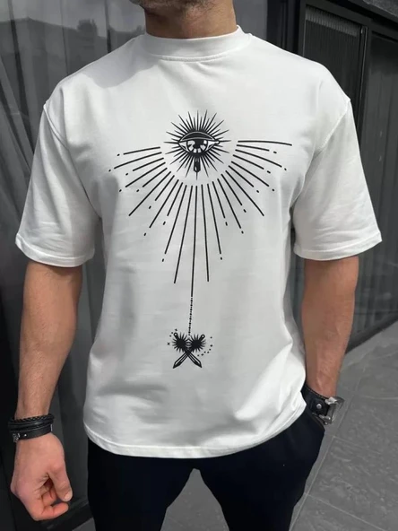 Unisex Bisiklet Yaka Baskılı Oversize T-Shirt - Beyaz - Resim 2