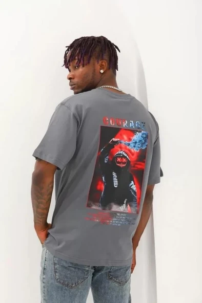 Unisex Oversize Baskılı Bisiklet Yaka T-Shirt - Füme - Resim 3