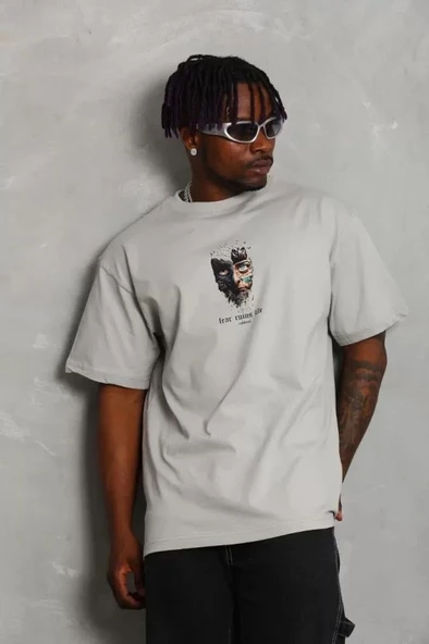 Unisex Oversize Baskılı Bisiklet Yaka T-Shirt - Gri - Resim 2