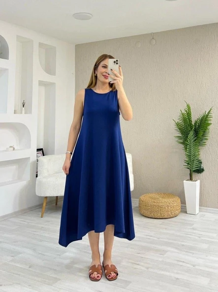 Kadın Askılı Yuvarlak Yakalı Asimetrik Kesim Detaylı Viskon Elbise - Resim 4