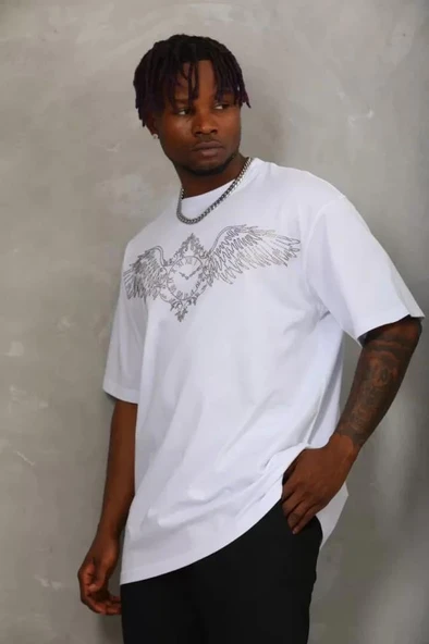 Unisex Oversize Taşlı Bisiklet Yaka T-Shirt - Beyaz - Resim 3