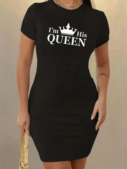 Kadın Kısa Kollu Queen Baskı Iki Iplik Mini Elbise - Resim 11