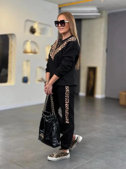 Kadın üç Iplik Kumaş Leopar Desenli Dantel Detaylı Ikili Takım - Resim 9