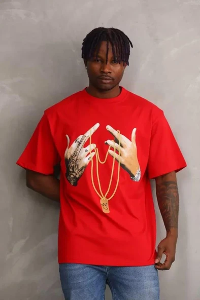 Unisex Baskılı Oversize T-Shirt - Kırmızı ürün görseli