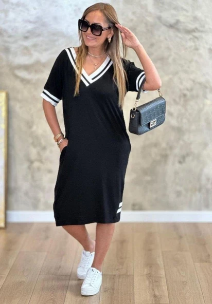 Kadın Kısa Kollu V Yaka Ribana Detaylı Cepli Dizüstü Viskon Elbise - Resim 2