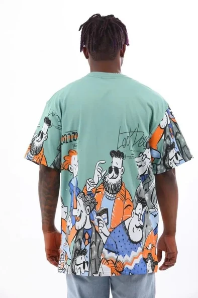 Unisex Oversize Baskılı Bisiklet Yaka T-Shirt - Mint Yeşili - Resim 2