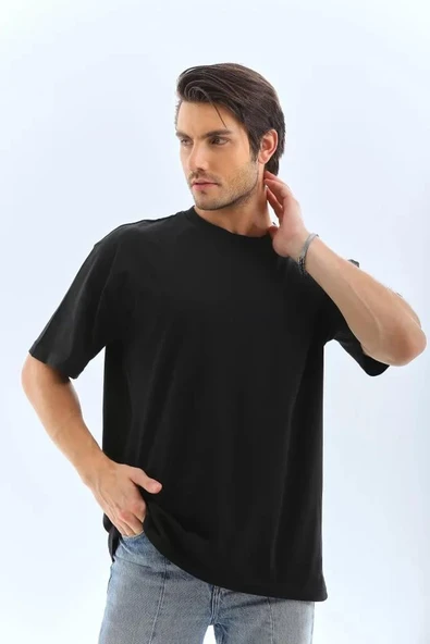 Unisex Oversize Düz Bisiklet Yaka T-Shirt - Siyah - Resim 4