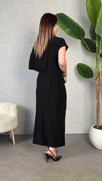 Kadın Kısa Kollu Tek Omuzdan Açık Beli Lastikli Sandy Maxi Elbise - Resim 5