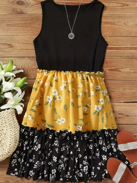 Kadın Askılı Yuvarlak Yaka çiçek Baskılı Salaş Süprem Elbise - Resim 2