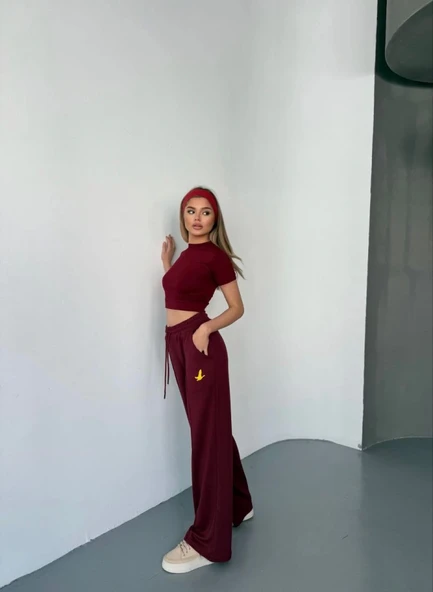 Osy Modal Yumuşak Dokulu Kumaş Nakış Işlemeli Rahat Bol Paça Eşofman Pantalon - Bordo - Resim 3