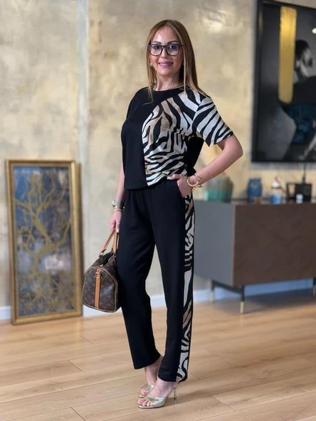 Kadın Bisiklet Yaka Kısa Kol Leopar Desen Bluz Ve Pantolon Ikili Takım - Resim 6