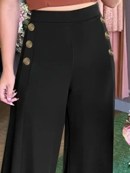 Kadın Yüksek Bel Yan Düğme Detaylı Geniş Paçalı Ithal Krep Pantolon - Resim 2
