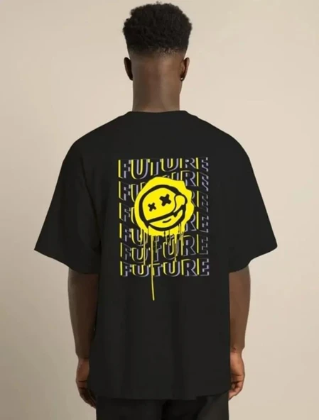 Unisex Bisiklet Yaka Baskılı Oversize T-Shirt - Siyah - Resim 4