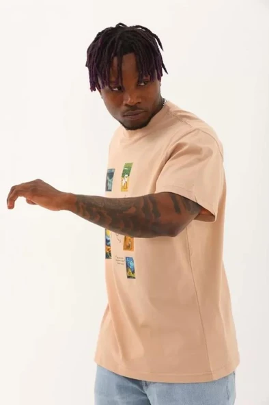 Unisex Oversize Baskılı Bisiklet Yaka T-Shirt - Bej - Resim 2