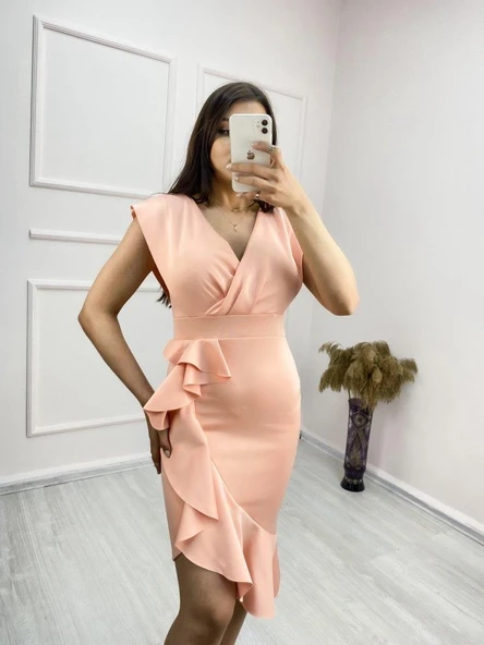 Scuba Kumaş Önü Fırfırlı Midi Boy Elbise - Resim 7