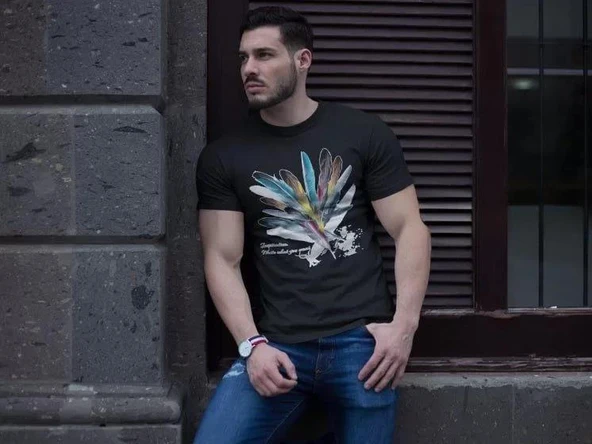 Unisex Bisiklet Yaka Baskılı Oversize T-Shirt - Siyah ürün görseli