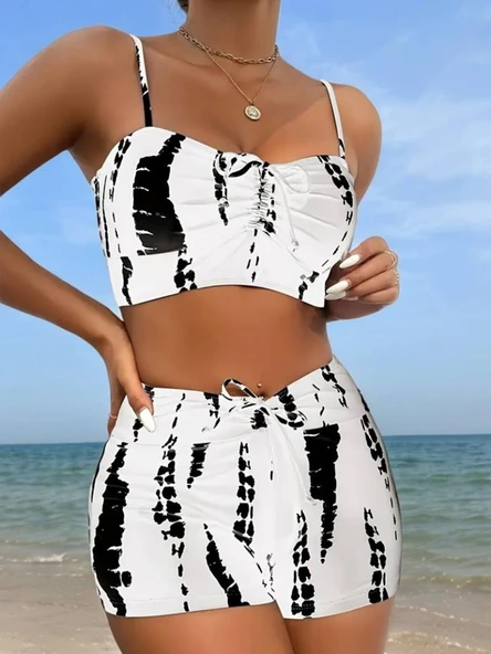 Kadın Büzgü Detay Askılı Crop Mini Tayt Ikili Takım - Resim 4