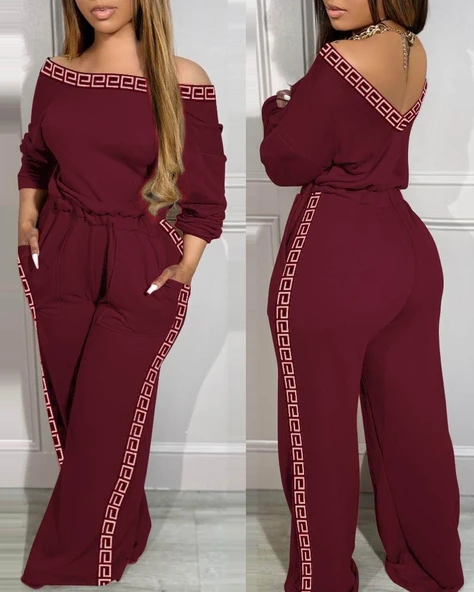 Kadın Uzun Kollu Omuzlardan Açık Beli Lastikli Cepli şerit Desenli Viskon Iki Iplik Tulum - Resim 2