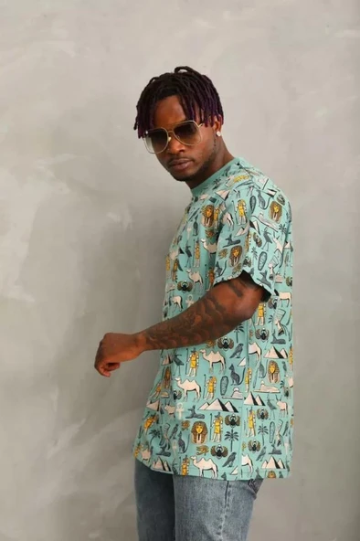 Unisex Oversize Baskılı Bisiklet Yaka T-Shirt - Mint Yeşili - Resim 3