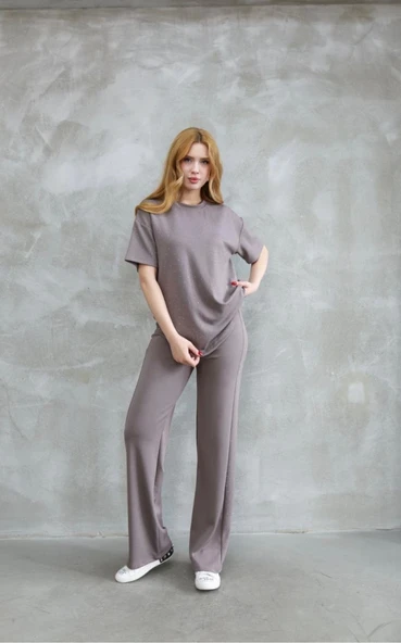 Osy Modal Yumuşak Dokulu Kumaş Bisiklet Yaka Taş Detaylı Kısa Kollu Takım - Vizyon - Resim 3