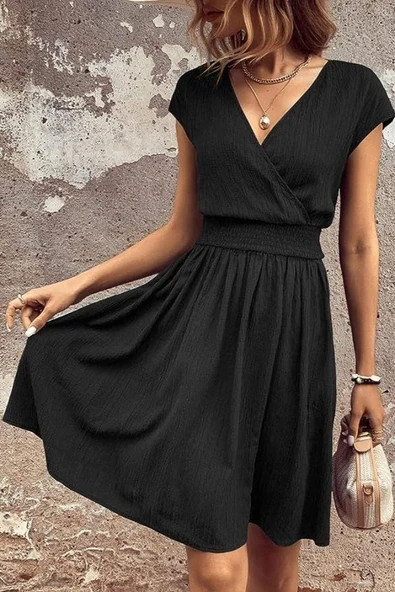 Kadın Kısa Kollu Kruvaze Yaka Beli Gipeli Bürümcük Elbise - Resim 9