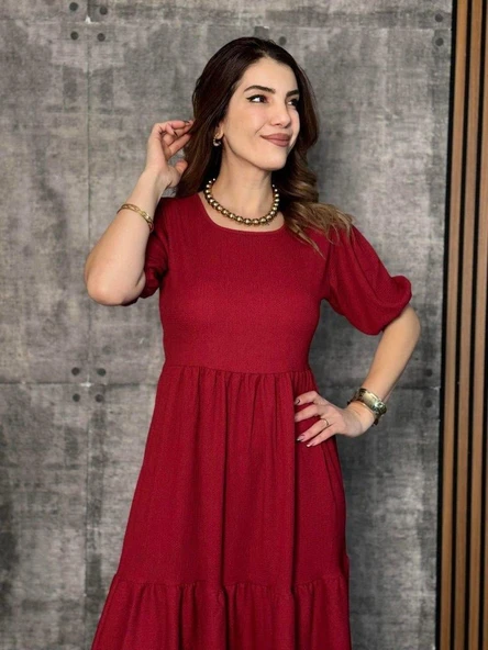 Kadın Kısa Kollu Yakası Açık Katlı Bürümcük Balon Elbise - Resim 4