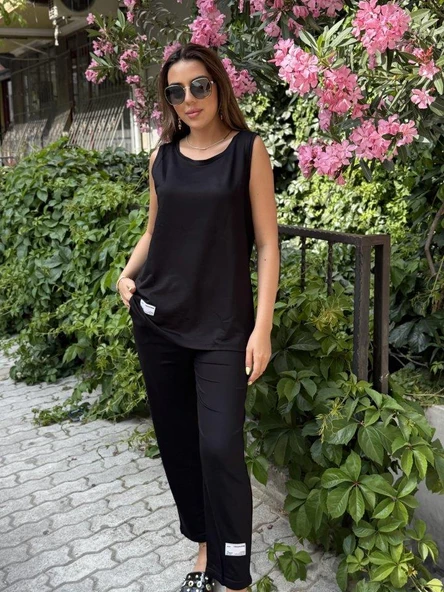 Kadın Askılı Yuvarlak Yaka Viskon Iki Iplik Bluz Ve Eşofman Altı Ikili Takım - Resim 3