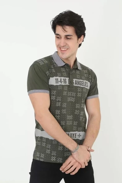 Erkek Yakalı Slim Fit Baskılı T-Shirt - Haki - Resim 4