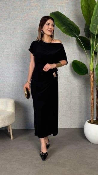 Kadın Kısa Kollu Tek Omuzdan Açık Beli Lastikli Sandy Maxi Elbise ürün görseli