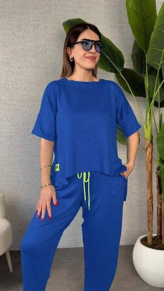 Kadın Kısa Kollu Bisiklet Yaka Viskon Iki Iplik Bluz Ve Pantolon Ikili Takım - Resim 2