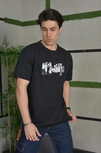 Unisex Bisiklet Yaka Baskılı Oversize T-Shirt - Siyah - Resim 2