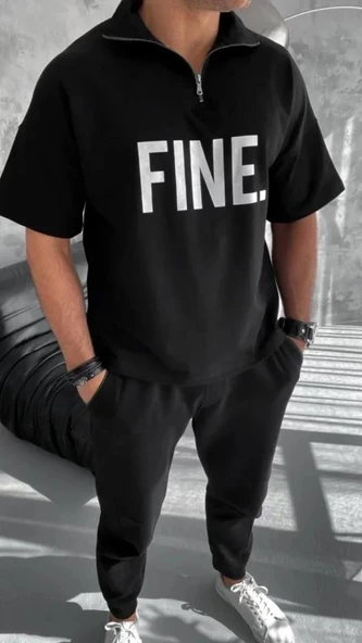 Unisex Baskılı Yarım Fermuarlı T-Shirt - Siyah ürün görseli