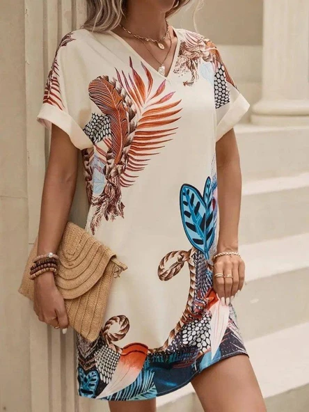 Kadın Kısa Kollu V Yakalı Desenli Mini Atlas Elbise - Resim 2