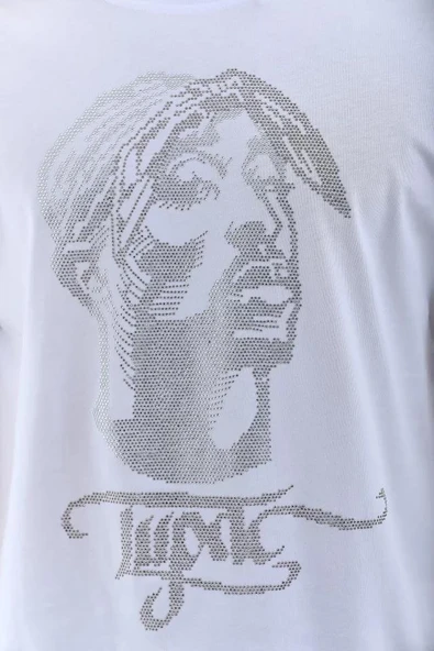 Unisex Oversize Taşlı Bisiklet Yaka T-Shirt - Beyaz - Resim 3